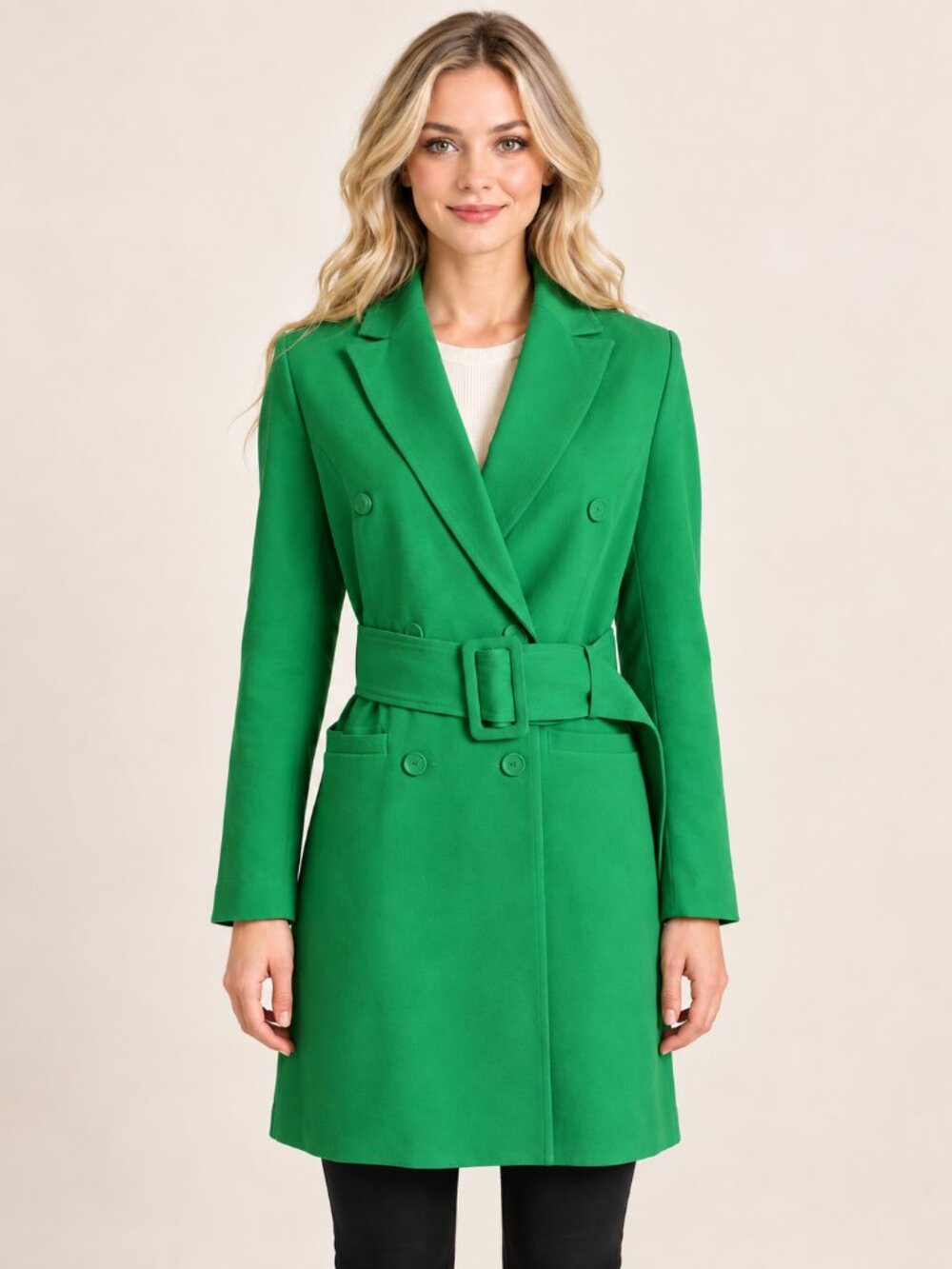 New York & Company Kelly Green Belted Double Breasted Trench Coat Size S NEW